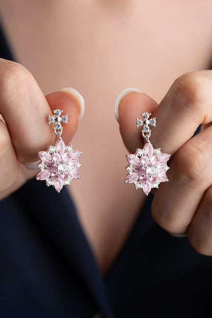 925 Ayar Gümüş Pembe Zirkon Taşlı  Çiçek Küpe