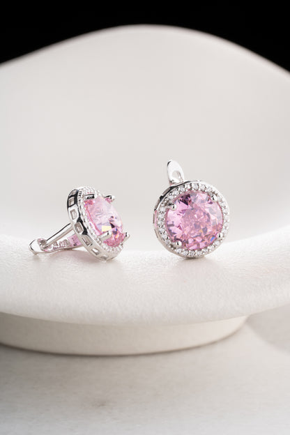 925 Ayar Gümüş Pembe Taşlı  Tek Taş Küpe