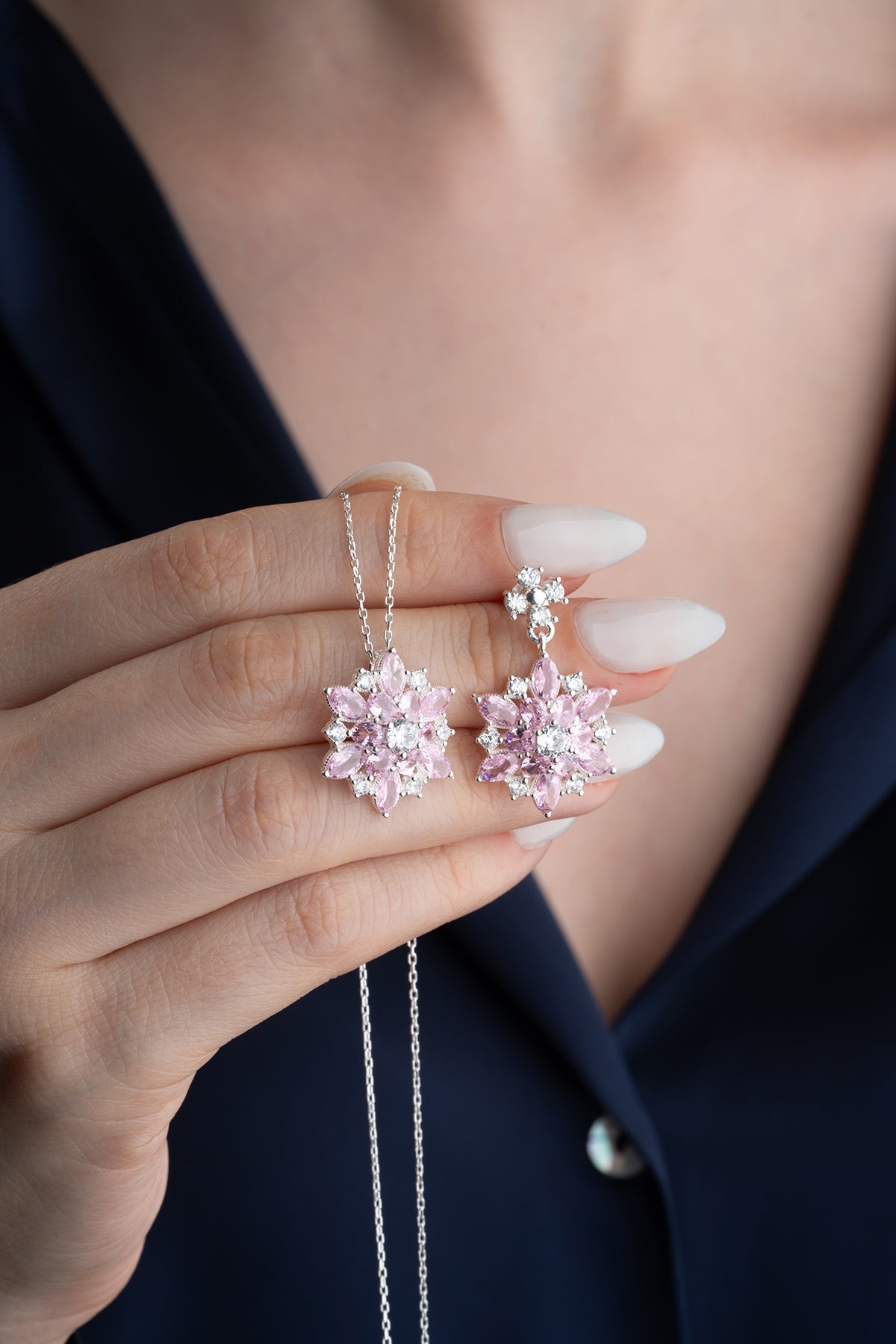 925 Ayar Gümüş Pembe Taşlı Çiçek Tasarım Set