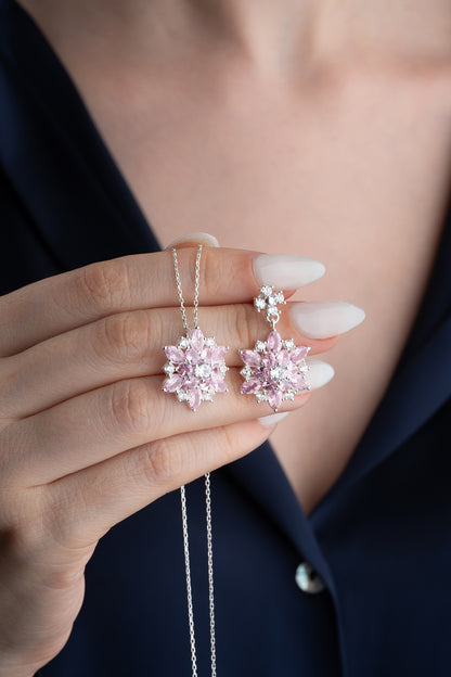 925 Ayar Gümüş Pembe Taşlı Çiçek Tasarım Set