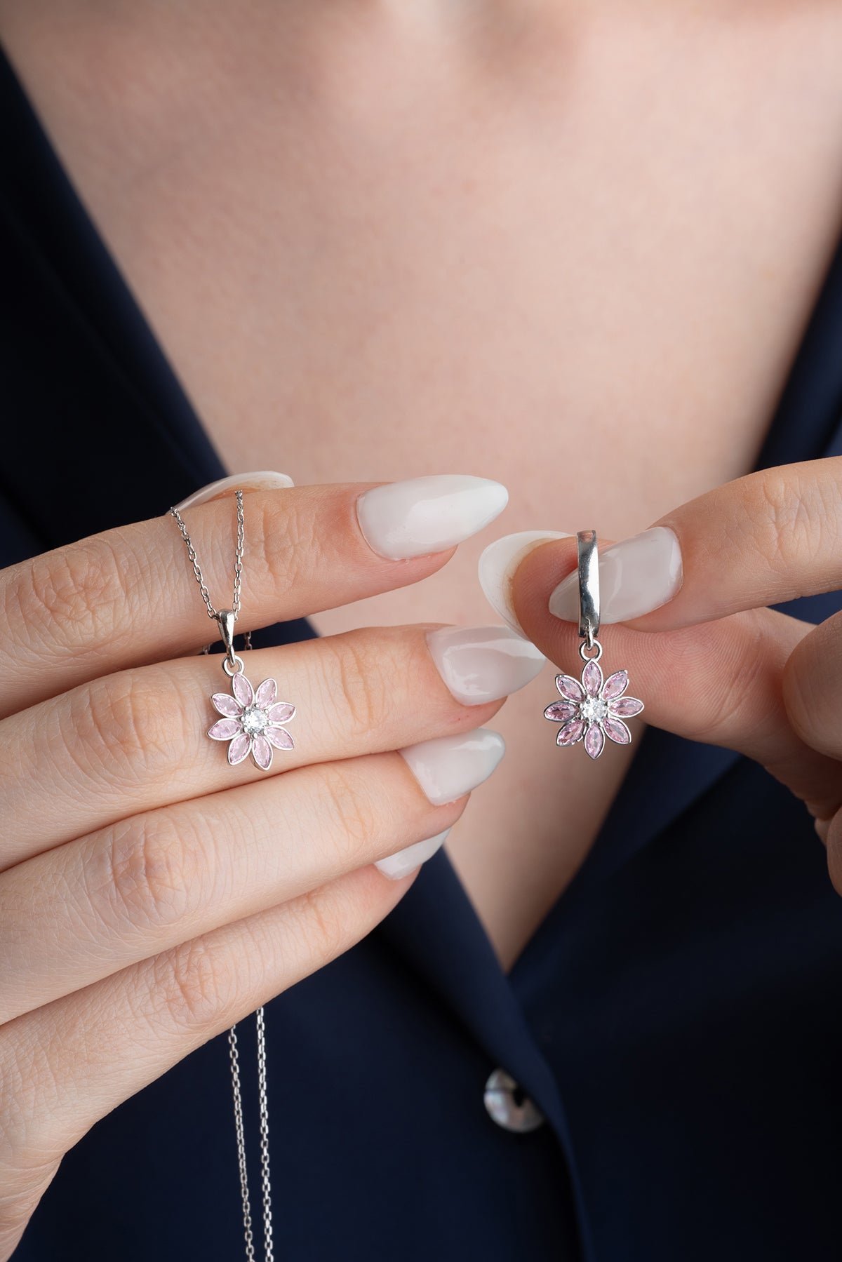 925 Ayar Gümüş Pembe Zirkon Taşlı Çiçek Takı Seti