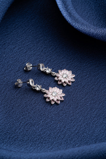 925 Ayar Gümüş Pembe Taşlı Lotus Çiçeği Çivili Küpe