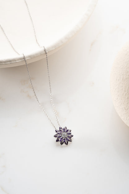 925 Ayar Gümüş Ametist Taşlı Lotus Kolye