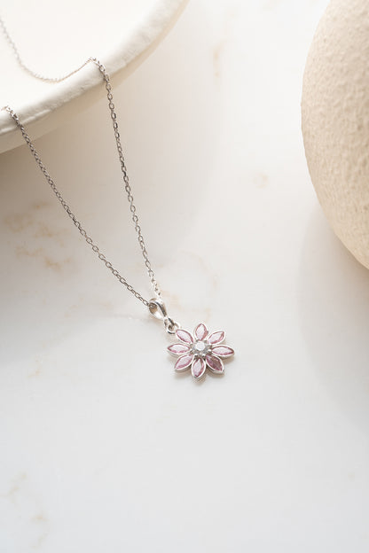 925 Ayar Gümüş Pembe Zirkon Taşlı Çiçek Kolye