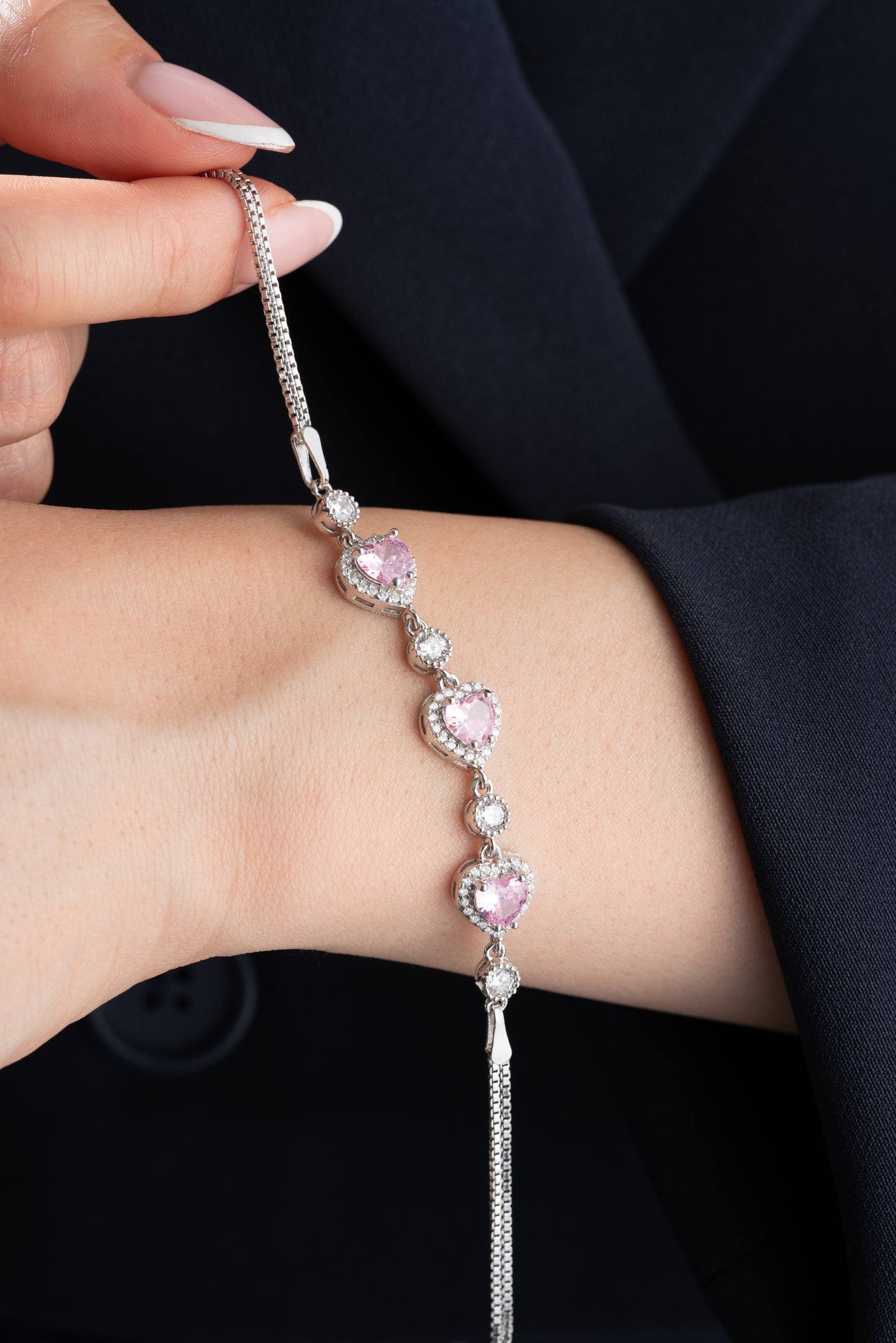 925 Ayar Gümüş Pembe Zirkon Taşlı Kalp Montür Bileklik
