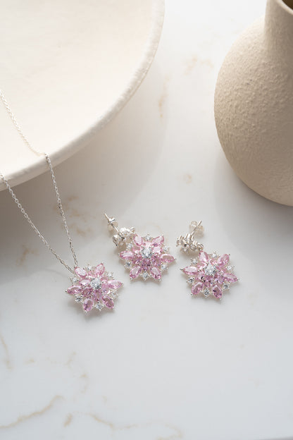 925 Ayar Gümüş Pembe Taşlı Çiçek Tasarım Set
