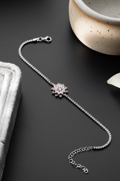 925 Ayar Gümüş Suyolu Zincirli Pembe Lotus Çiçeği Bileklik