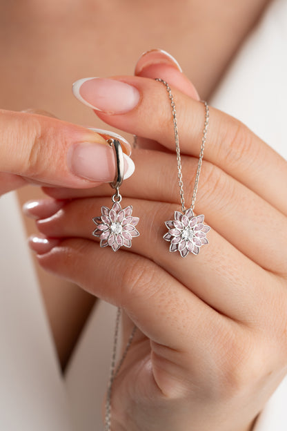 925 Ayar Gümüş Pembe Lotus Kolye Küpe Set