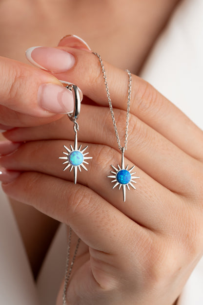 925 Ayar Gümüş Opal Taşlı Kutup Yıldızı Kolye Küpe Takı Seti