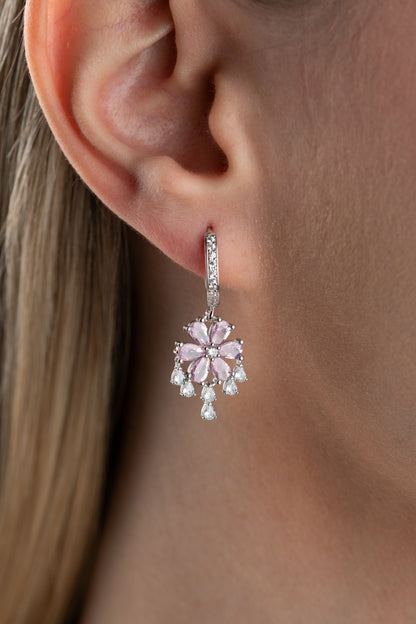 925 Ayar Gümüş Pembe Taşlı Damla Sallantılı Lotus Küpe