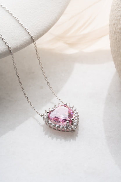 925 Ayar Gümüş Pembe Taşlı  Kalp Montür Kolye