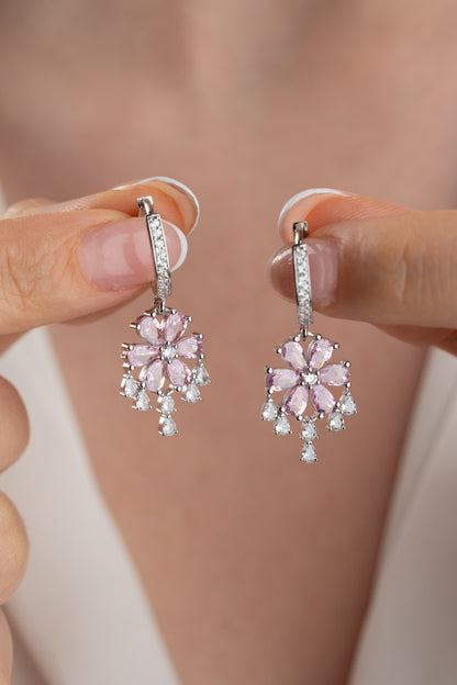 925 Ayar Gümüş Pembe Taşlı Damla Sallantılı Lotus Küpe