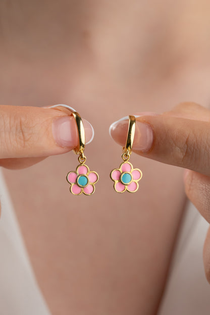 925 Ayar Gümüş Pembe Mavi Mineli  Sallantılı Çiçek Küpe