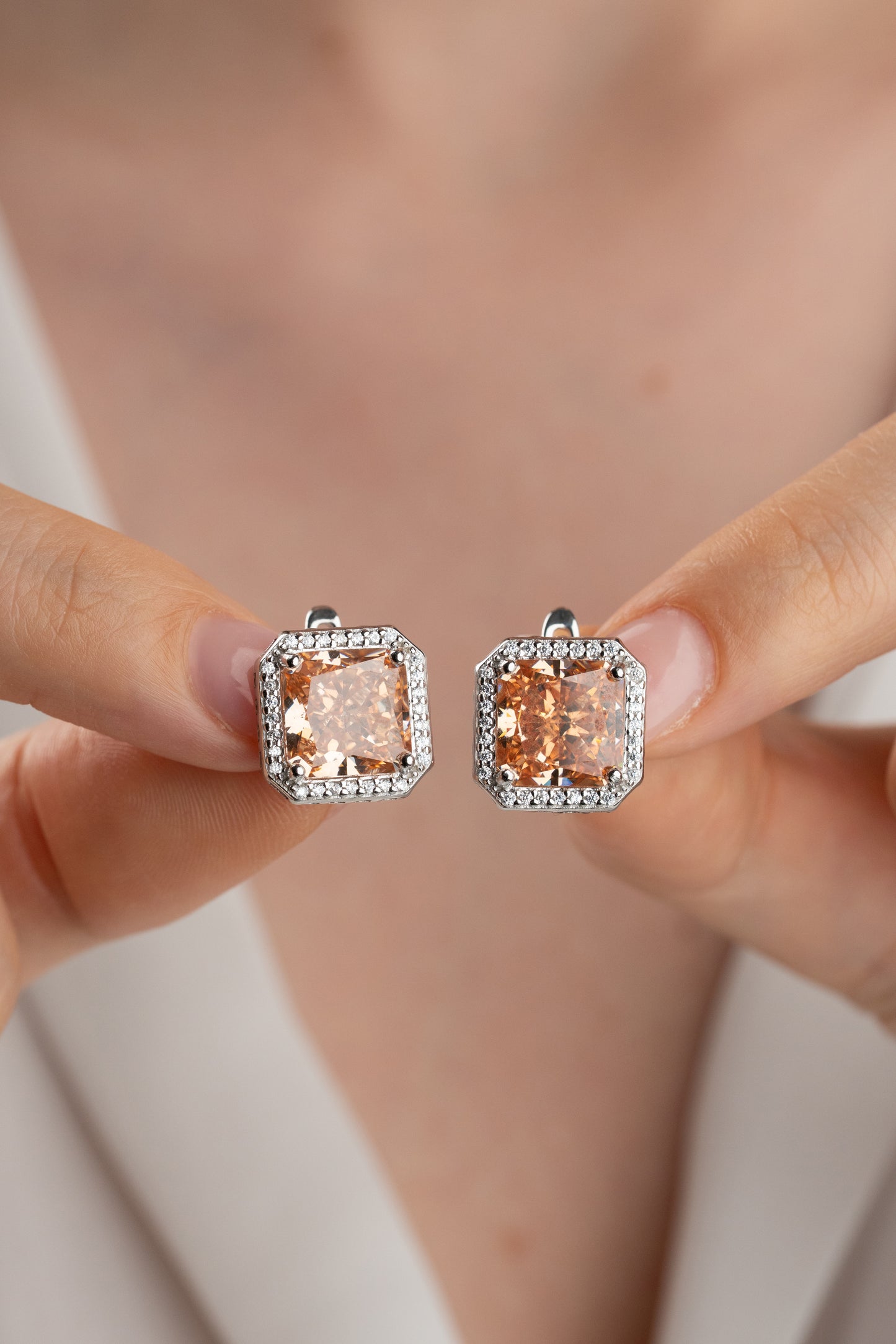 925 Ayar Gümüş Citrine Taşlı Kare Baget Küpe