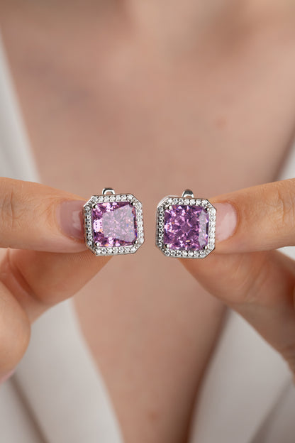 925 Ayar Gümüş Pembe  Taşlı Kare Baget Küpe