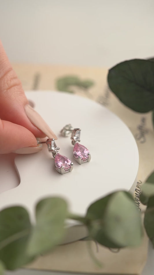 925 Ayar Gümüş Pembe Taşlı Damla Küpe
