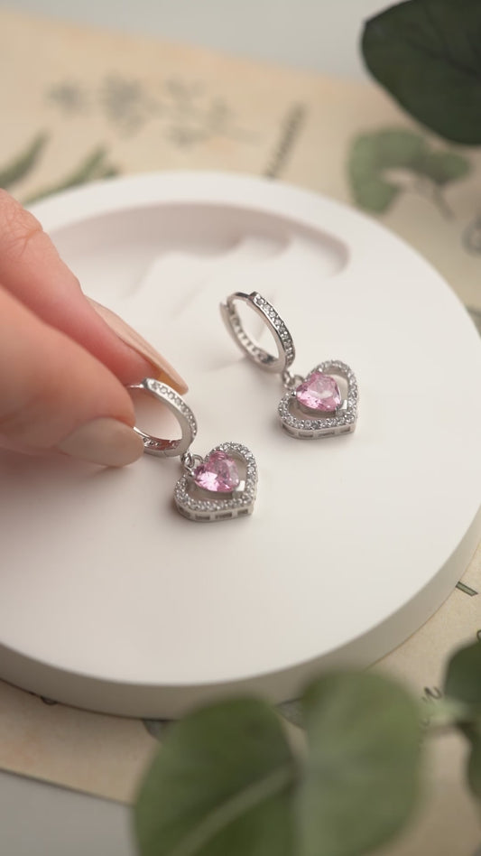 925 Ayar Gümüş Pembe Taşlı Kalp Montür Sallantılı Küpe