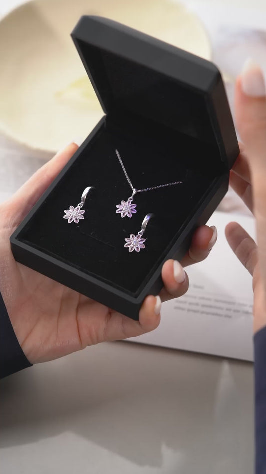 925 Ayar Gümüş Pembe Zirkon Taşlı Çiçek Takı Seti