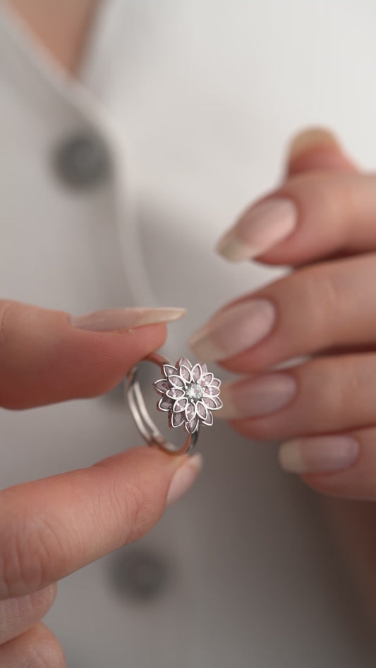 925 Ayar Gümüş Pembe Taşlı Lotus Çiçeği Yüzük