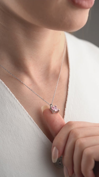 925 Ayar Gümüş Pembe Kare Baget Taşlı Kolye Küpe Takı Seti