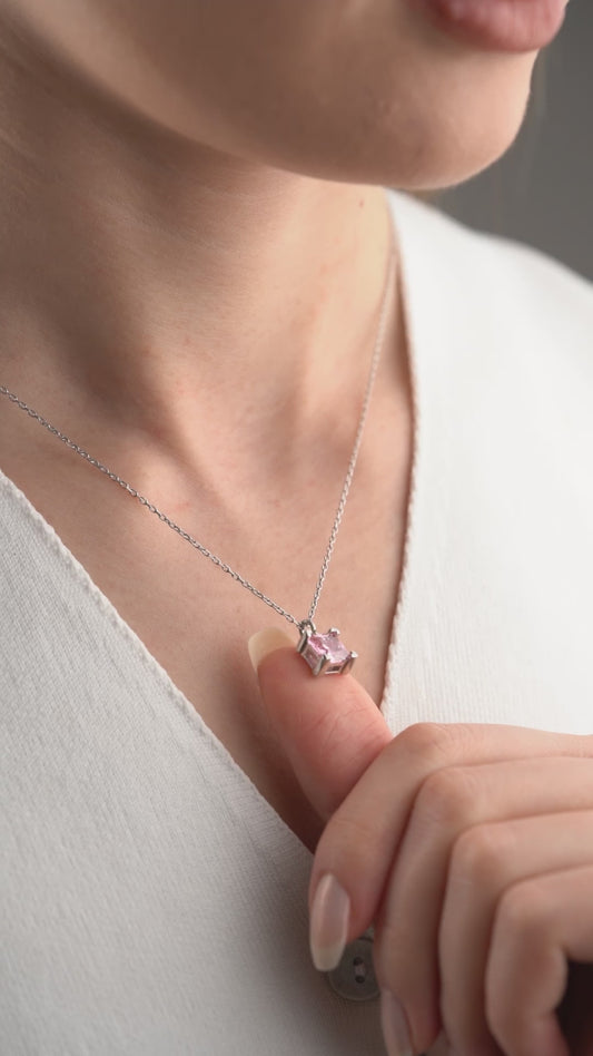 925 Ayar Gümüş Pembe Kare Baget Taşlı Kolye Küpe Takı Seti