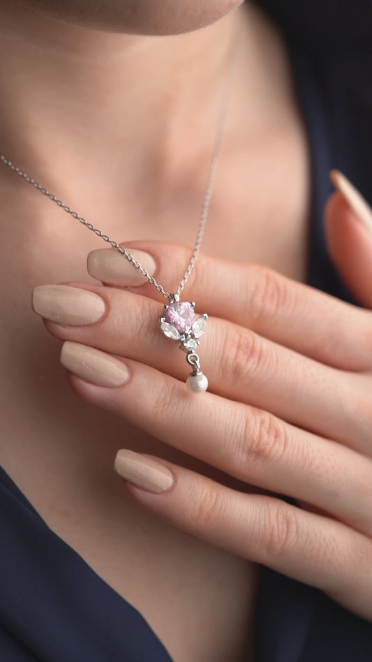 925 Ayar Gümüş Pembe Kalp Taşlı  İnci Sallantılı Kolye